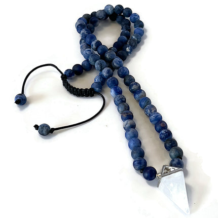 April Birthstone Necklace for Men – Clear Quartz Crystal Pendulum & Matte Sodalite – Natural Gemstone Long Beaded Necklace – Adjustable Bead NecklaceJewelry Gift for Him