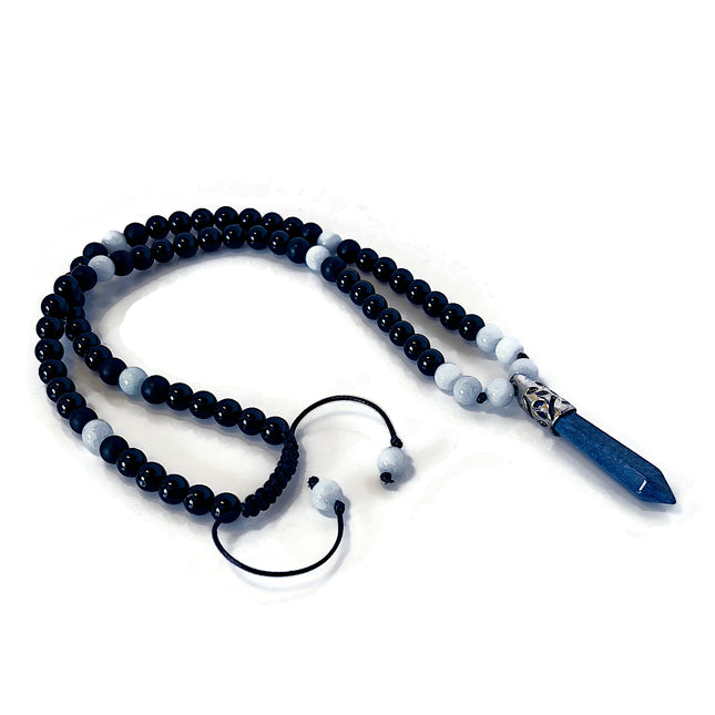 Men’s Long Beaded Pendant Necklace - Lapis Lazuli, Aquamarine & Black Onyx