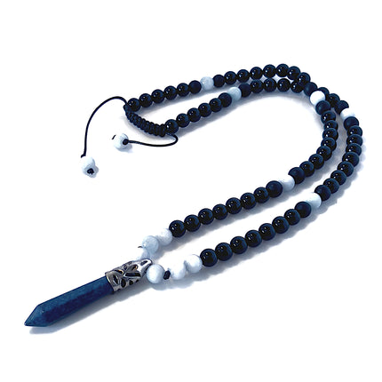 Men’s Long Beaded Pendant Necklace - Lapis Lazuli, Aquamarine & Black Onyx