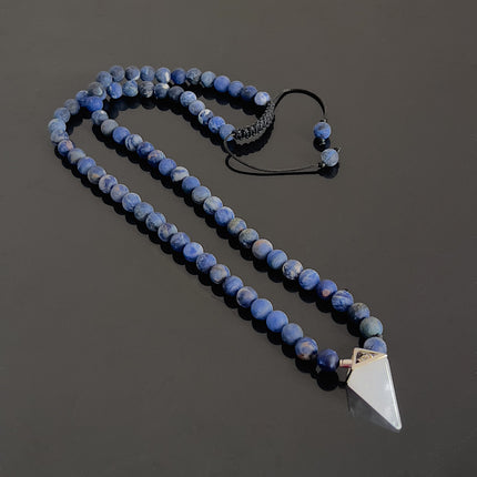 April Birthstone Necklace for Men – Clear Quartz Crystal Pendulum & Matte Sodalite – Natural Gemstone Long Beaded Necklace – Adjustable Bead NecklaceJewelry Gift for Him