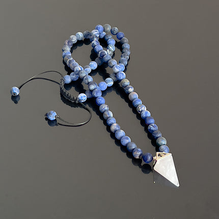 April Birthstone Necklace for Men – Clear Quartz Crystal Pendulum & Matte Sodalite – Natural Gemstone Long Beaded Necklace – Adjustable Bead NecklaceJewelry Gift for Him