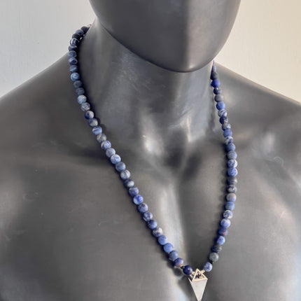 April Birthstone Necklace for Men – Clear Quartz Crystal Pendulum & Matte Sodalite – Natural Gemstone Long Beaded Necklace – Adjustable Bead NecklaceJewelry Gift for Him