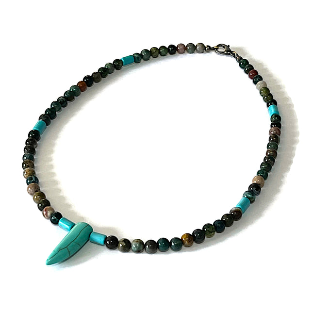 Southwestern Native American Inspired Handmade Jewelry for Men Beaded Choker Necklace for Men with Tusk Horn Tooth Pendant Blue Howlite and Indian Agate