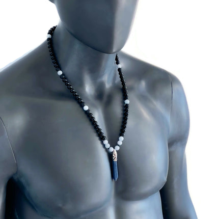 Men’s Long Beaded Pendant Necklace - Lapis Lazuli, Aquamarine & Black Onyx