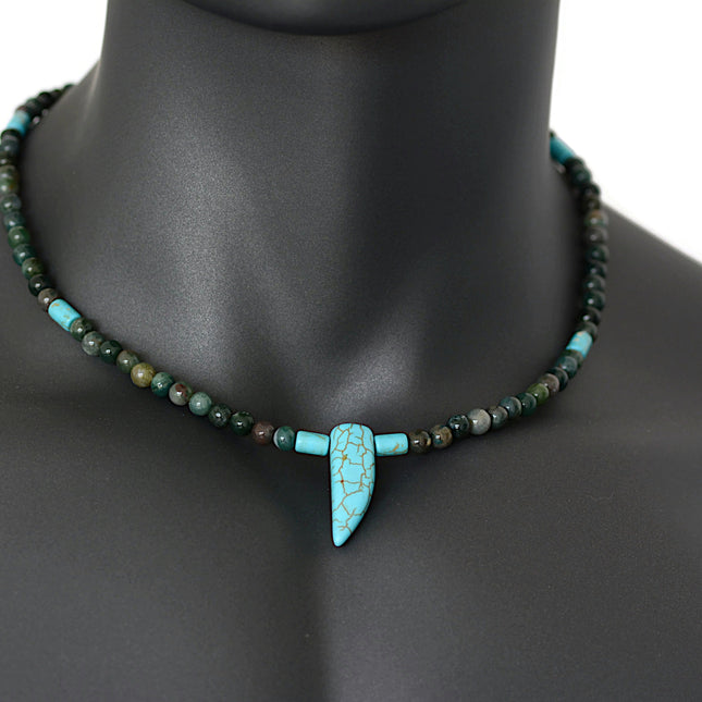 Southwestern Native American Inspired Handmade Jewelry for Men Beaded Choker Necklace for Men with Tusk Horn Tooth Pendant Blue Howlite and Indian Agate