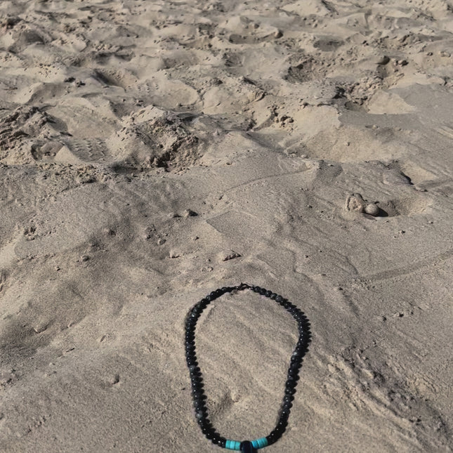Men’s Beaded Choker Necklace – Black Onyx & Blue Turquoise with Tooth Pendant - Handmade Surfer & Native American-Inspired Jewelry