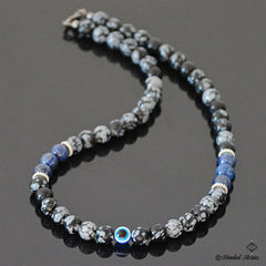 Evil Eye Necklace for Men - Evil Eye Jewelry for Him - Mens Beaded Necklace - Evil Eye Choker Necklace - Lapis Lazuli Snowflake Obsidian