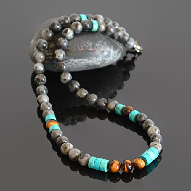 Beaded Necklace for Men - December Birthstone Turquoise Necklace - Valentines Gift for Him - Labradorite Tiger Eye Surfer Boho Mens Necklace
