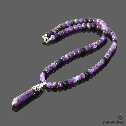 Handmade Amethyst and Onyx beaded necklace for men. Purple and black.